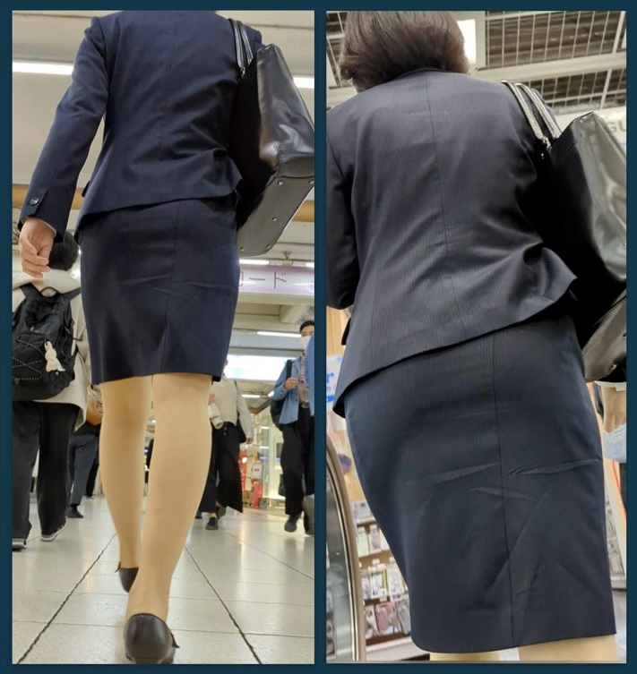 【113】紺色ストライプのスーツOLさん、控えめながら魅力的タイトスカート！
